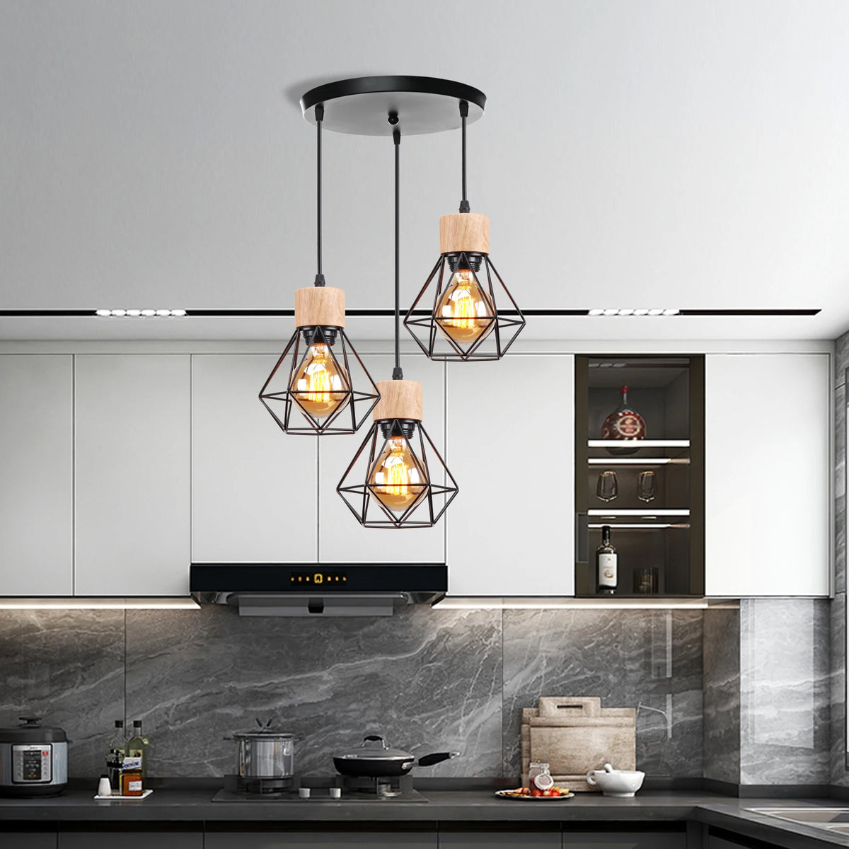 Vintage wooden pendant light LED suspension - vue 3 sur 14
