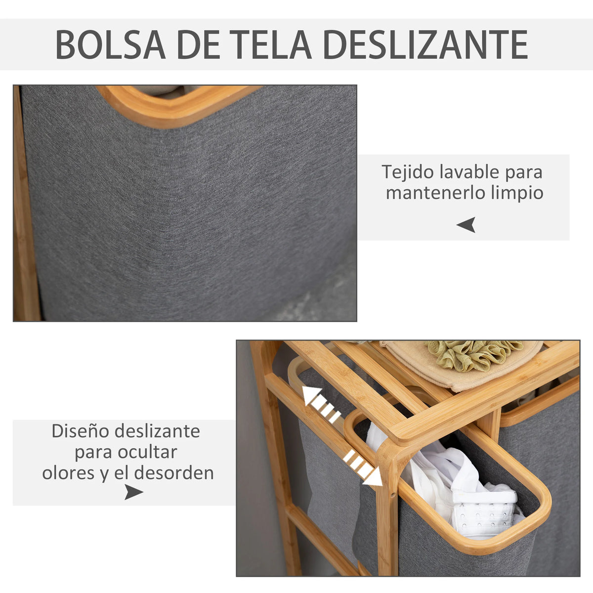 HOMCOM bamboo laundry hamper 3 removable fabric bags 50x32x69.7 cm - vue 5 sur 7