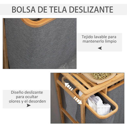 HOMCOM bamboo laundry hamper 3 removable fabric bags 50x32x69.7 cm - vue 6 sur 7
