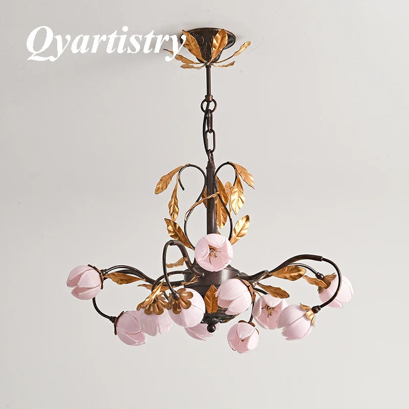 Antique chandelier with art nouveau tulip-shaped lampshades