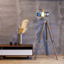 Industrial wood floor lamp with vintage hinged tripod