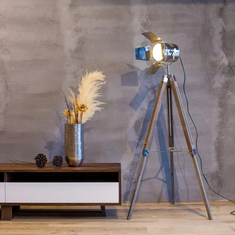 Industrial wood floor lamp with adjustable vintage tripod
