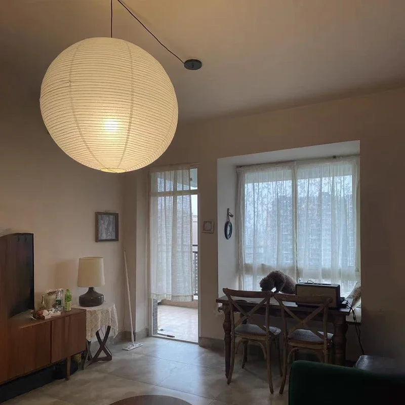 Nordic wabi sabi round rice paper LED pendant light - vue 4 sur 15