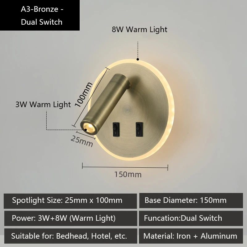 Modern LED wall light with USB ports and adjustable reading lamps - vue 13 sur 16