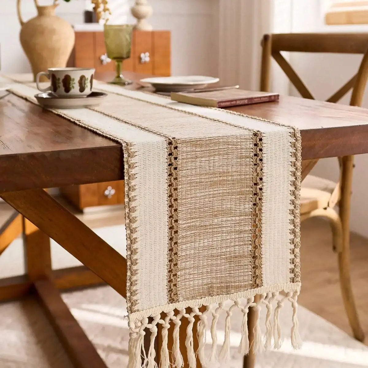 Boho khaki macramé table runner with tassels