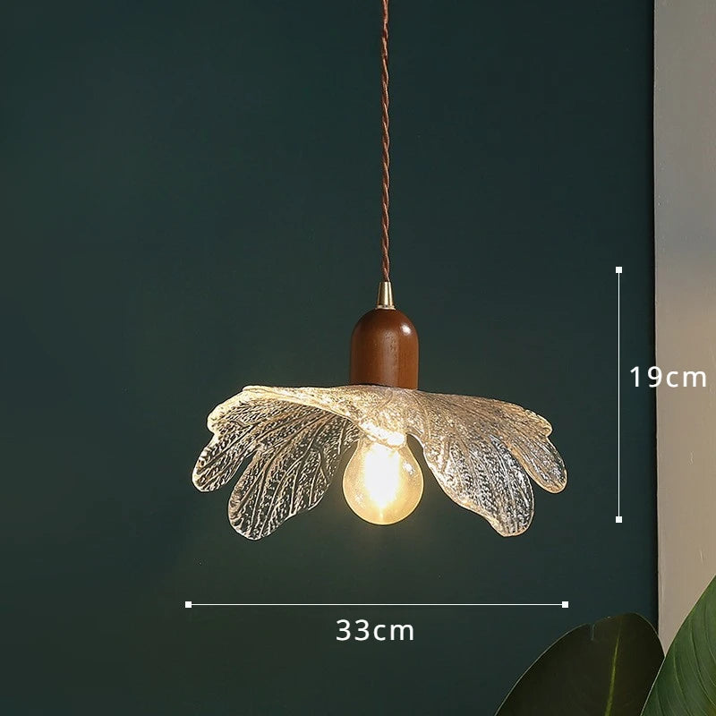 Lotus pendant light in walnut, brass and vintage glass