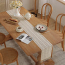 Beige vintage crochet lace table runner with tassels