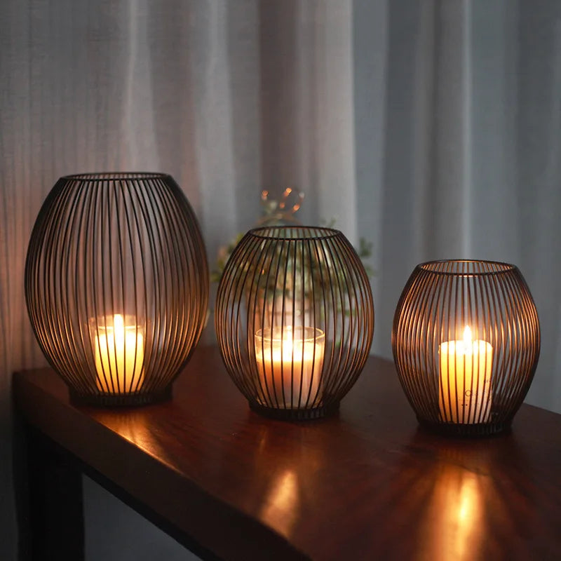 Geometric hollow iron candle holder for interior decor