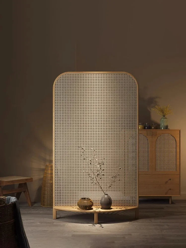 solid wood rattan screen, living room, retro entryway, shelf, partition, homestay, mobile seat screen - vue 5 sur 6