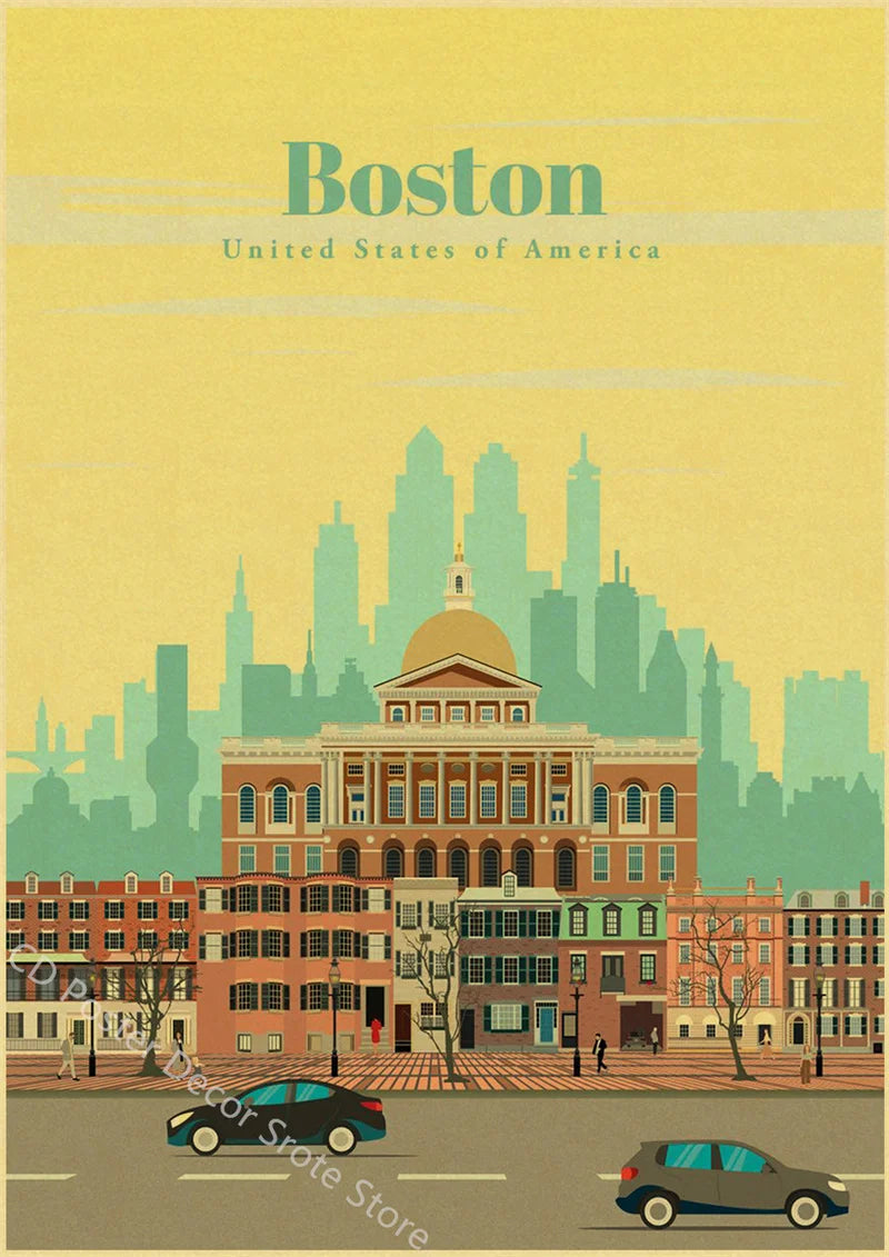 Vintage world cities poster architecture and landmarks
