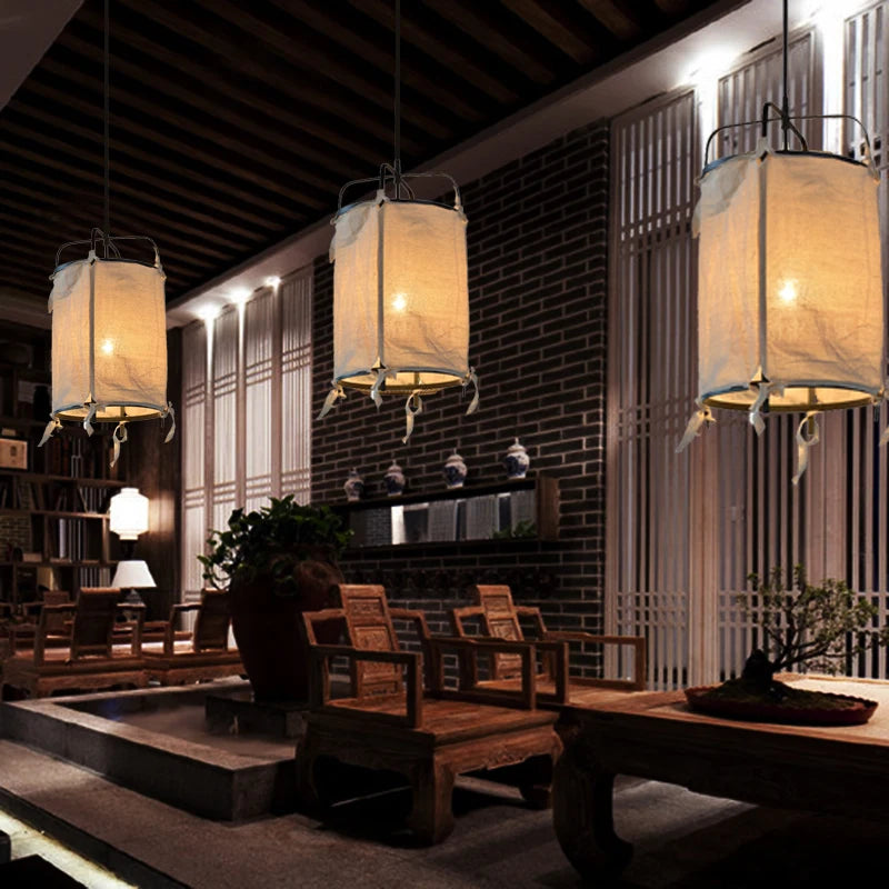 Japanese style iron and linen pendant light for interior decoration - vue 4 sur 9