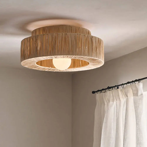 Retro rattan and straw ceiling light - vue 2 sur 8