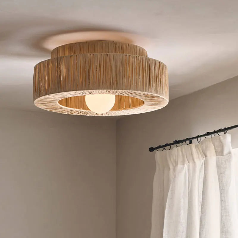 Retro rattan and straw ceiling light