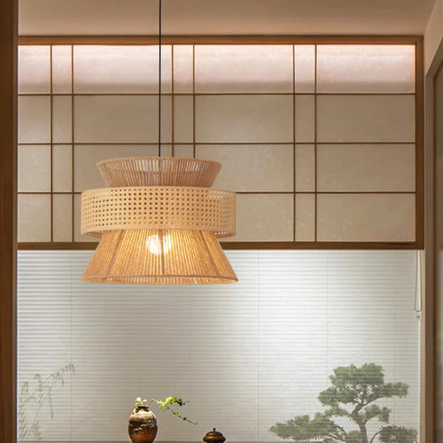 Chinese sabi wabi style rattan pendant light - vue 5 sur 24