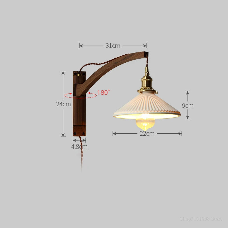 Japanese wooden wall light with retro ceramic lampshade - vue 8 sur 17