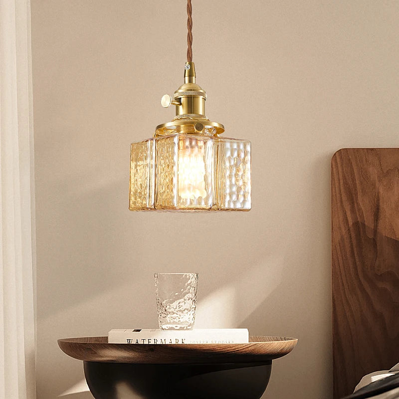 Japanese vintage style glass and brass LED pendant light - vue 4 sur 16