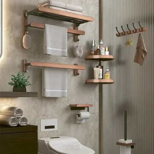 Wood and aluminium wall-mounted towel rack and shower accessories organiser - vue 4 sur 16