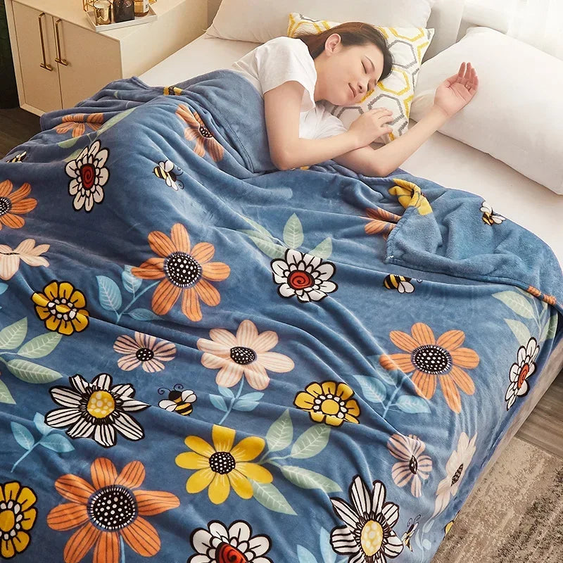 Soft fleece throw with check and floral pattern for living room