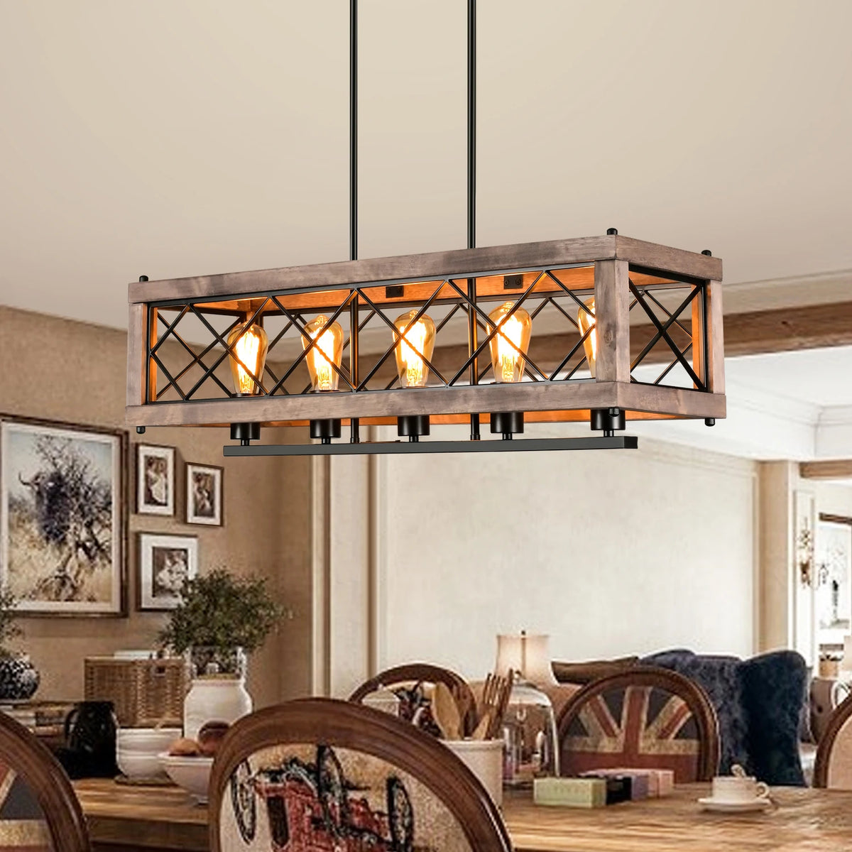 Rustic metal and wood chandelier - vue 4 sur 7