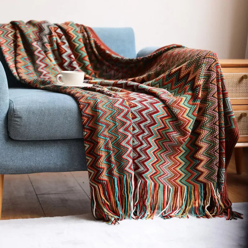 Boho woven throw with tassels soft for sofa or bed