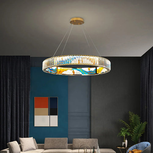 Modern dimmable LED chandelier with decorative steel ring - vue 3 sur 14