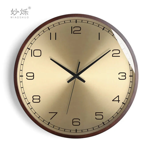 modern design wall clock in golden wood silent and creative