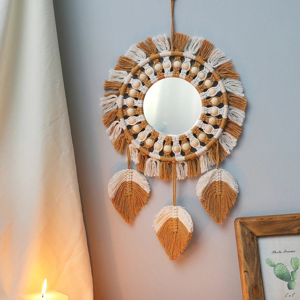 Boho-style macramé wall mirror for interior decoration - vue 9 sur 14