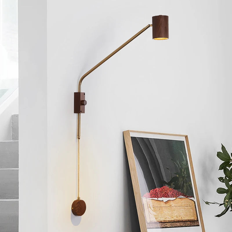 Vintage wooden swing arm wall light for hotel or café