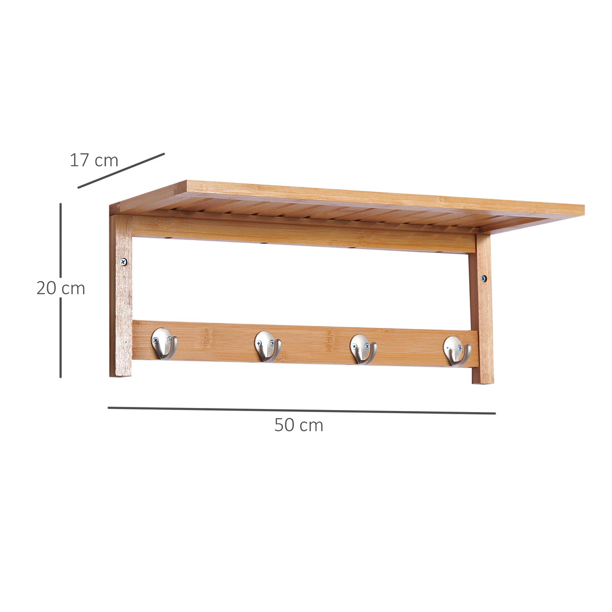 HOMCOM Wall hanger bamboo 4 hooks rack Wall towel rack 50x16x17.5cm - vue 3 sur 7