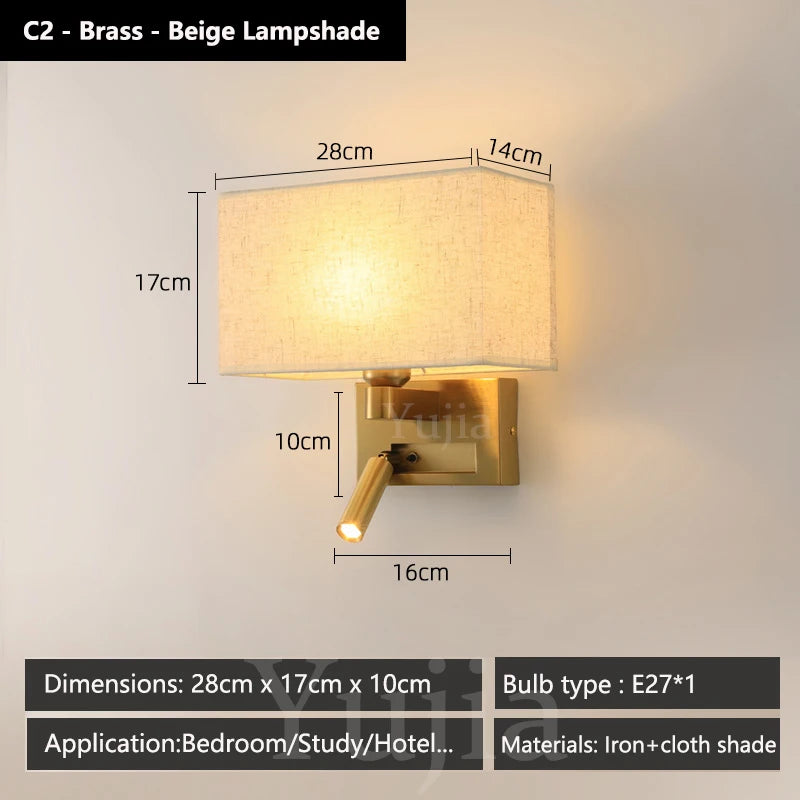 Modern fabric wall light with adjustable 360-degree spotlight