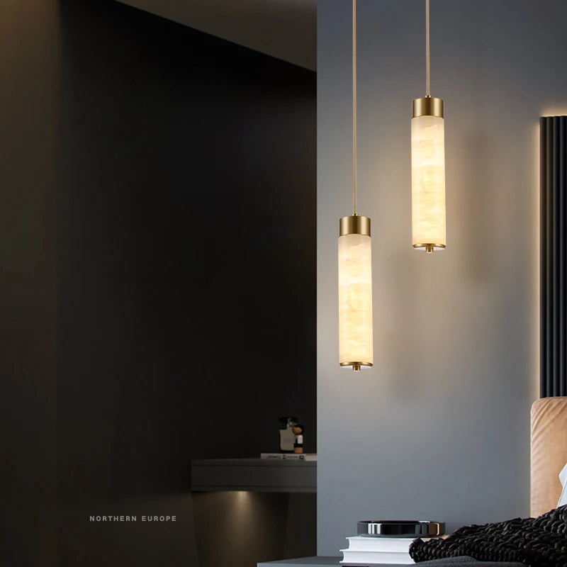 Marble and brass LED pendant light with adjustable cord