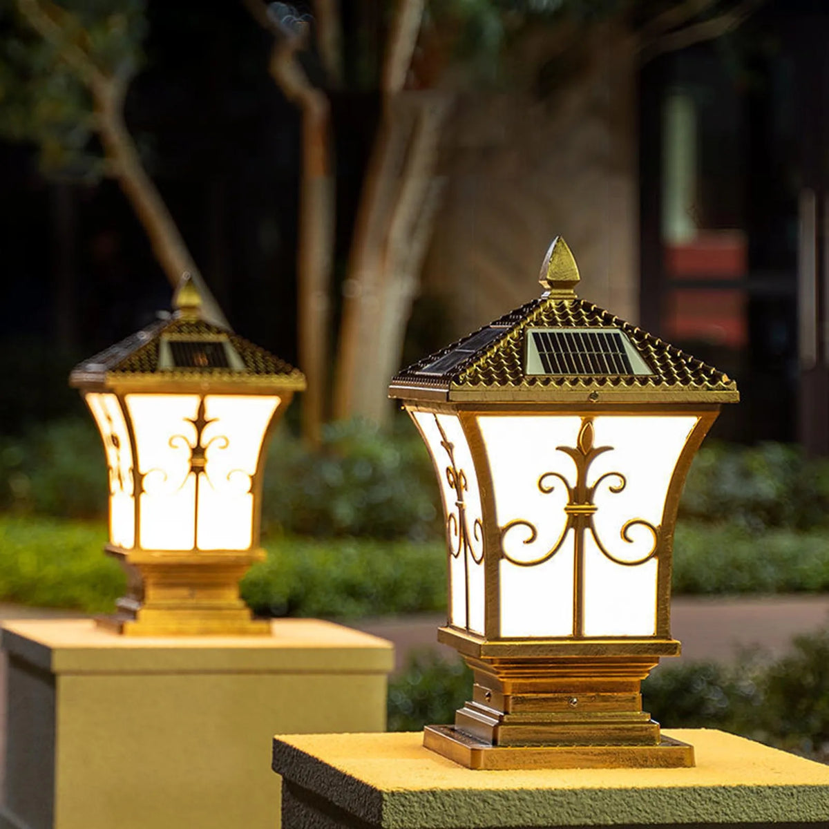 LED square post pillar solar light with remote control, waterproof vintage garden lamp