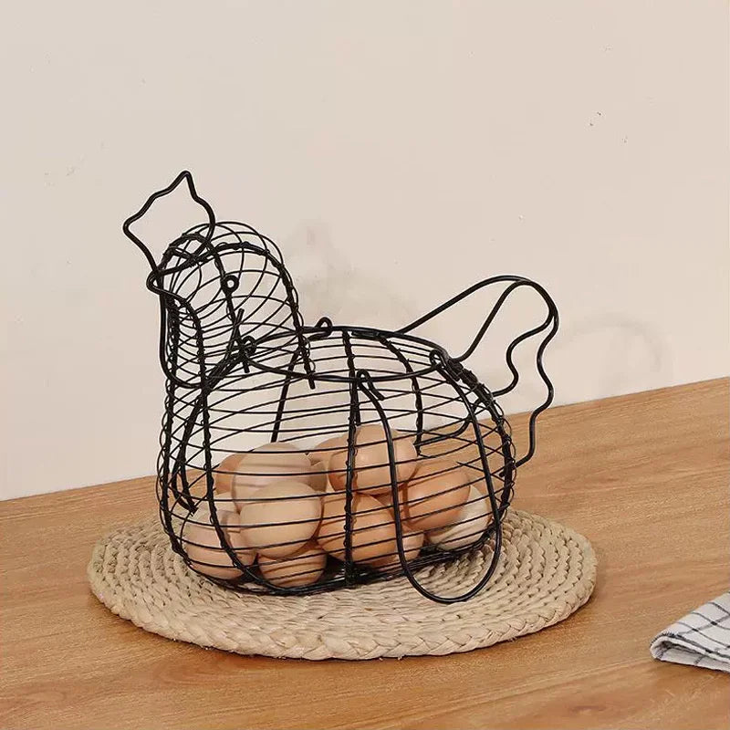 Wrought iron chicken-shaped storage basket for eggs and fruit