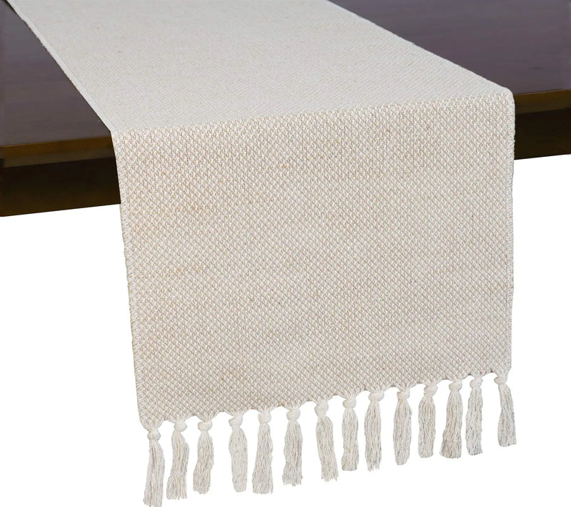 Embroidered linen table runner rustic style beige
