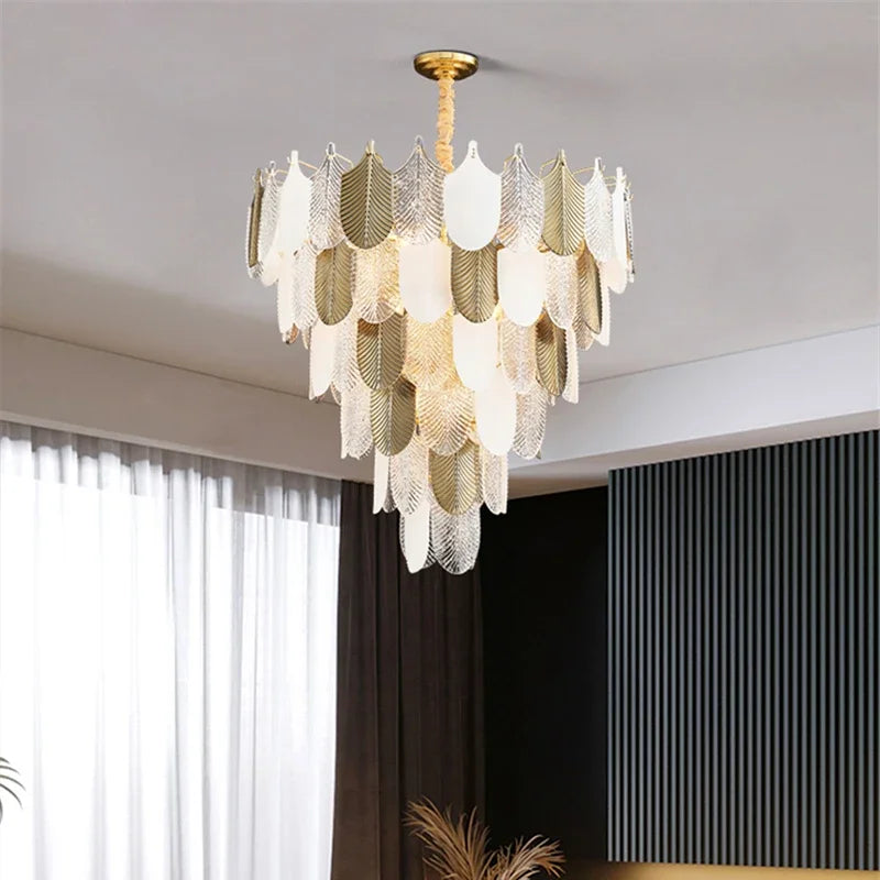 Luxury postmodern LED chandelier E14 for living room, villa lobby, glass long pendant