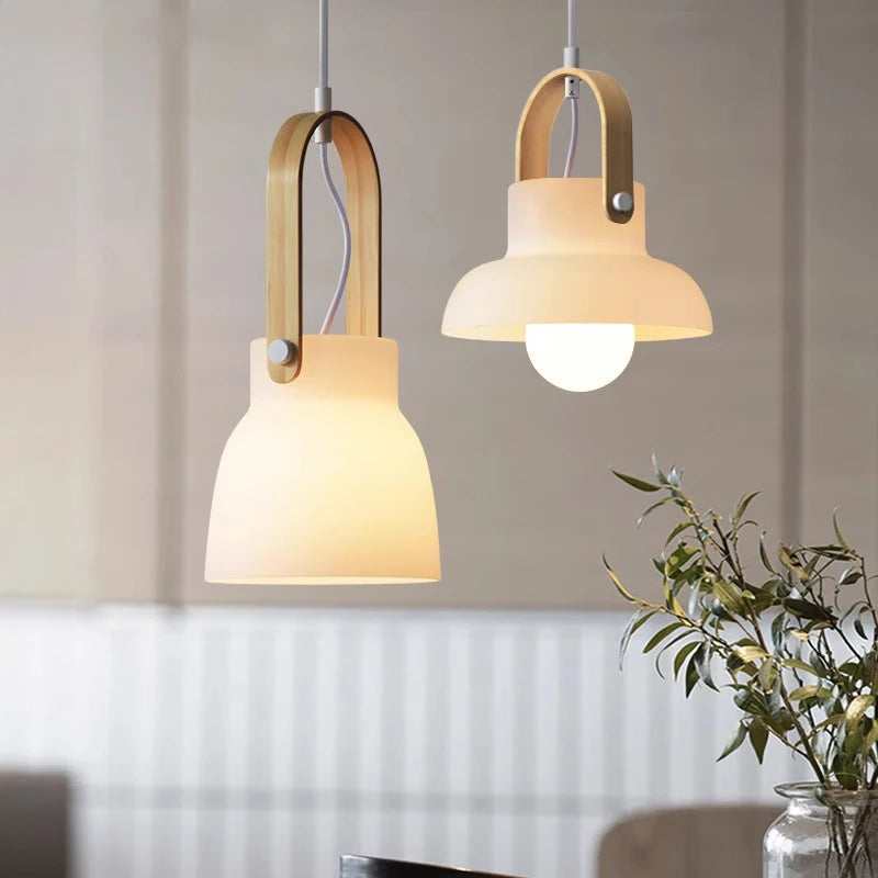 Modern minimalist glass and wood chandelier for interiors