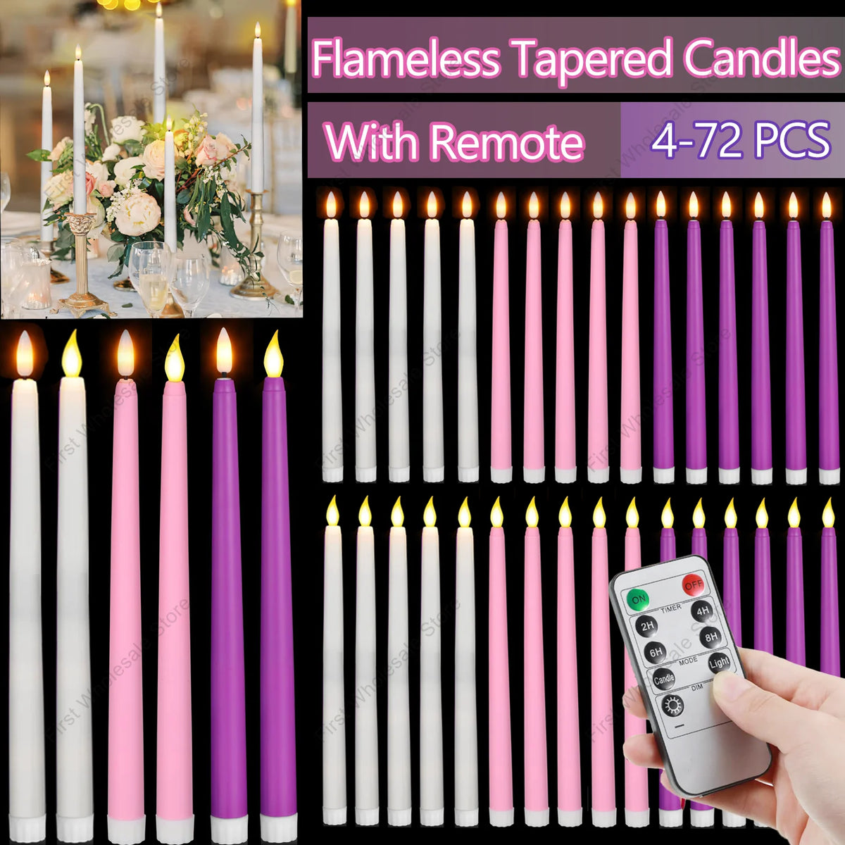 Pack of 4 to 72 LED Flameless Flickering Candles with Remote Control