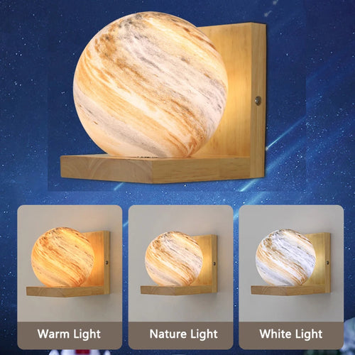 Modern wooden wall light with planet LED shade - vue 6 sur 8