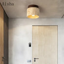 Japanese stone ceiling light with walnut base