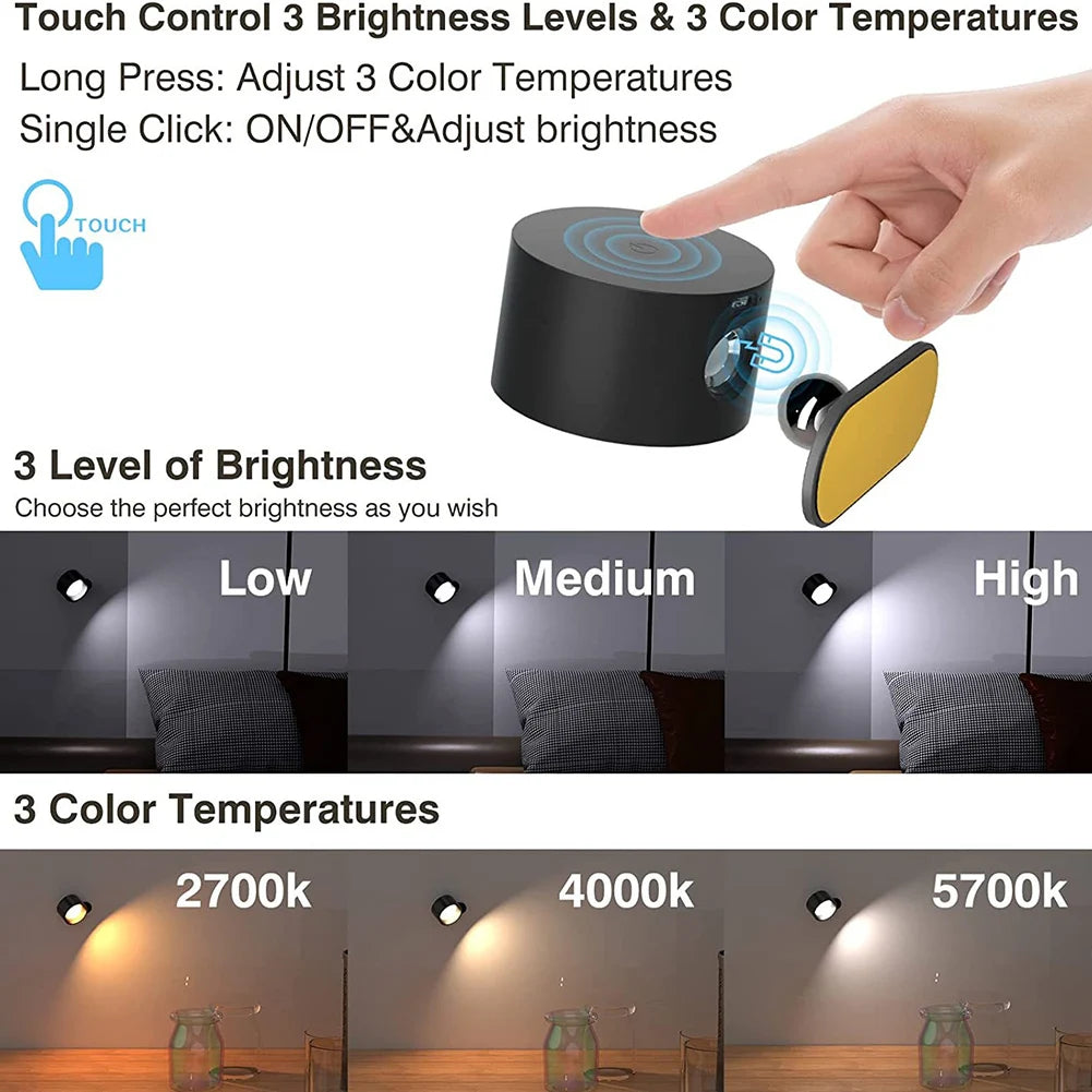 Rechargeable usb led wall lamp with 360° magnetic ball, dimmable touch control - vue 3 sur 9