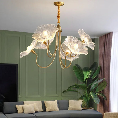 Modern glass lotus flower LED chandelier - vue 6 sur 14