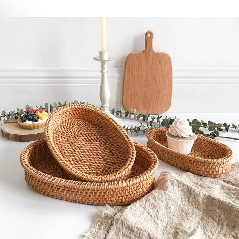 round woven rattan basket for fruit and snacks