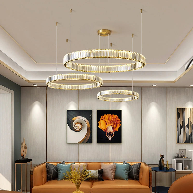Modern round crystal LED chandelier with dimmable light - vue 5 sur 16