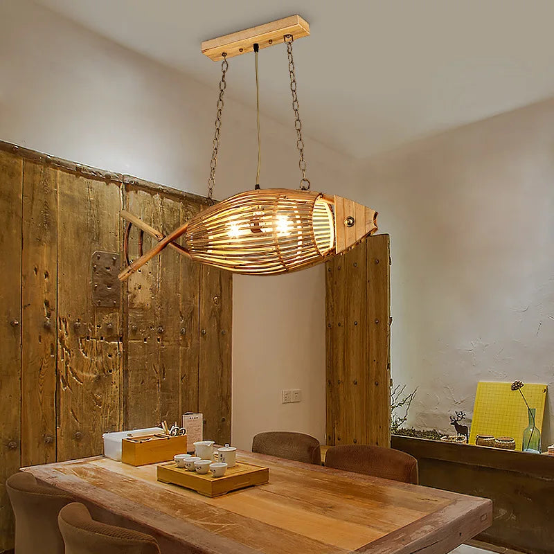 Retro decorative woven bamboo fish wall light for café and hotel - vue 5 sur 8