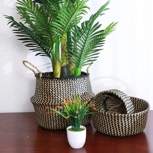 straw storage basket with foldable handle for gardening - vue 5 sur 8