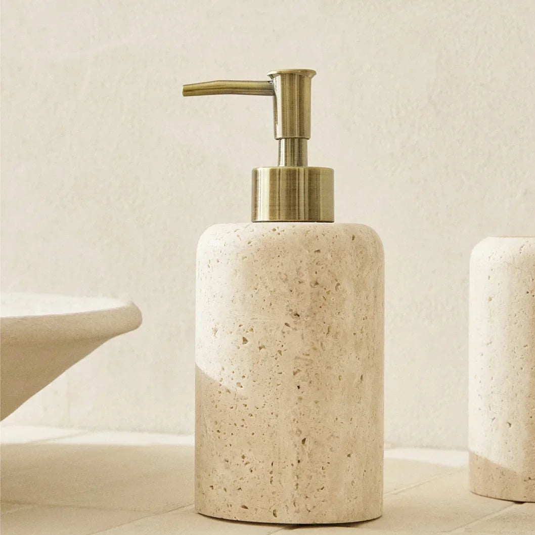 Wholesale Customized Natural Yellow Travertine Marble Stone Refillable Bathroom Liquid Dispenser, Lotions Soap Container - vue 1 sur 8