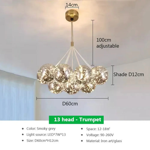 Modern glass chandelier with white LED spheres for living and dining room - vue 11 sur 18
