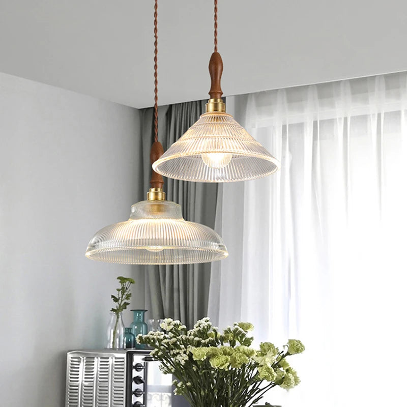 Glass pendant light for dining room, modern kitchen island chandelier, copper/wood art hanging lamp E27