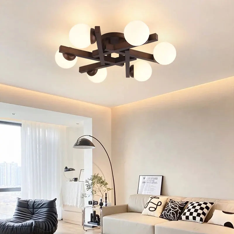 Nordic style wooden and milky glass ceiling light for interior decoration - vue 4 sur 13