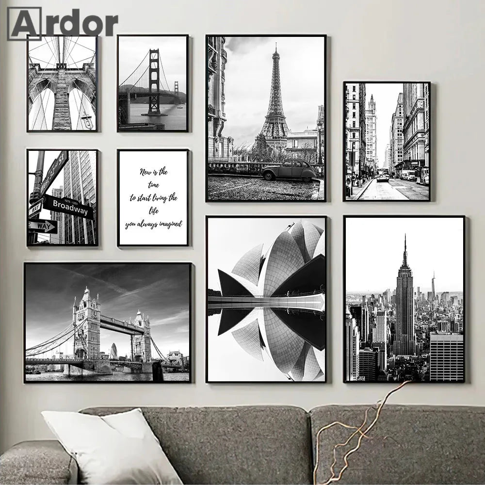 black and white chart of famous cities london sydney new york